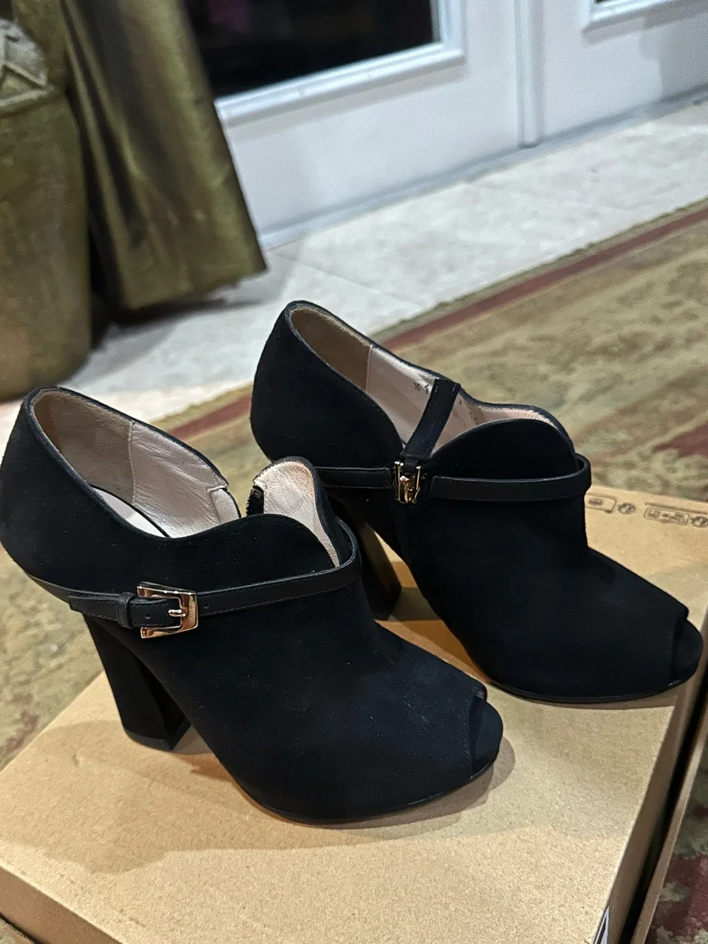 Giorgio Armani Black Suede Peep-Toe Ankle Booties with Gold Buckle Size 35